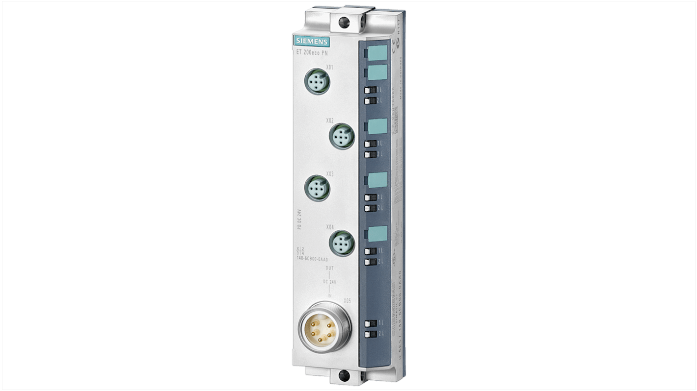 Modulo I/O PLC Siemens 6ES7148-6CB00-0AA0, serie SIMATIC S7-1200, alimentazione 24 V c.c., grado di protezione IP67, dimensioni 175 x 45 x 49 mm.