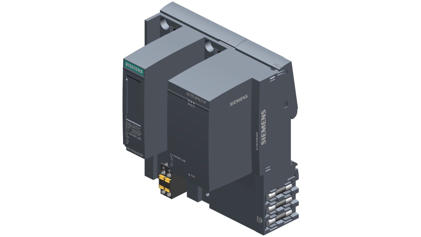 Modulo di interfaccia PROFINET Siemens 6ES7155-6AU30-0CN0, 3 porte, supporta 64 moduli periferici, dimensioni 117 x 100 x 74 mm.