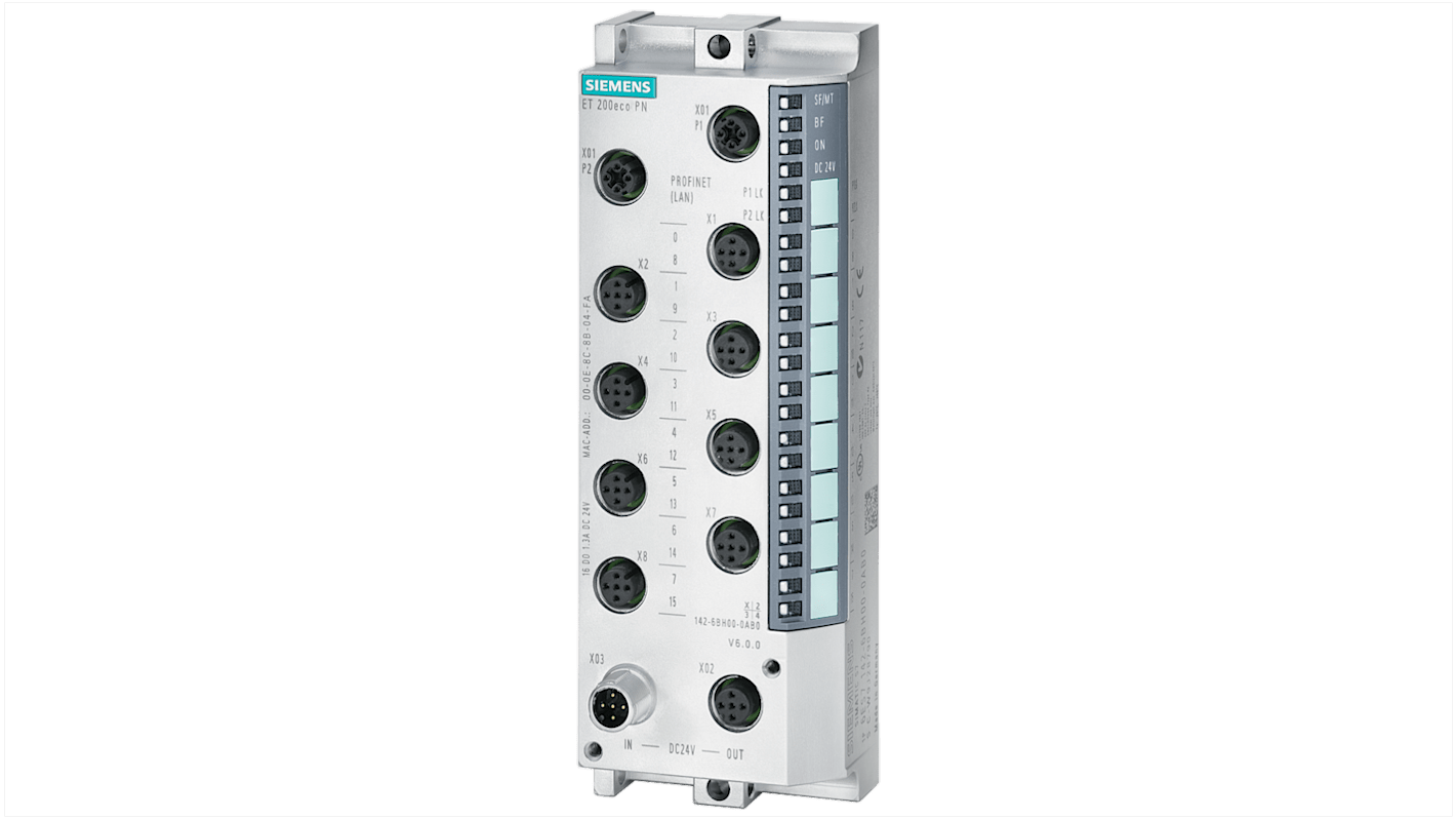 Modulo I/O Siemens 6ES7142-6BR00-0AB0, 8 uscite digitali 24 V, protezione IP67, dimensioni 175 x 60 x 49 mm.