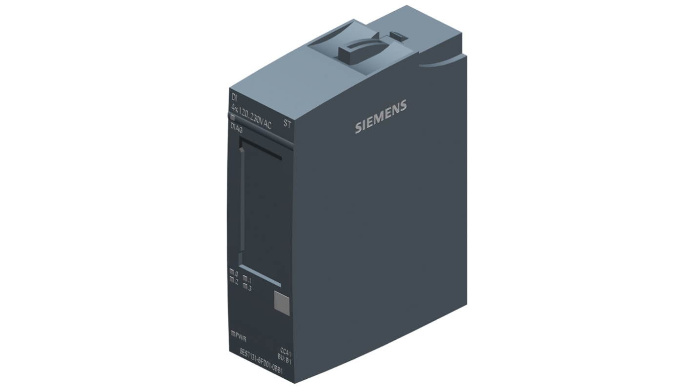 Modulo I/O digitale Siemens 6ES7131-6FD01-0BB1, 4 ingressi/uscite, tensione 120-230V, dimensioni 73 x 20 x 58 mm.