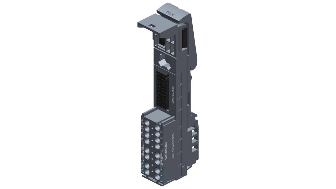 Modulo I/O Siemens 6ES7193-6BP20-2BB0 per ET 200SP, dimensioni 20mm x 117mm x 35mm, con 4 terminali ausiliari.