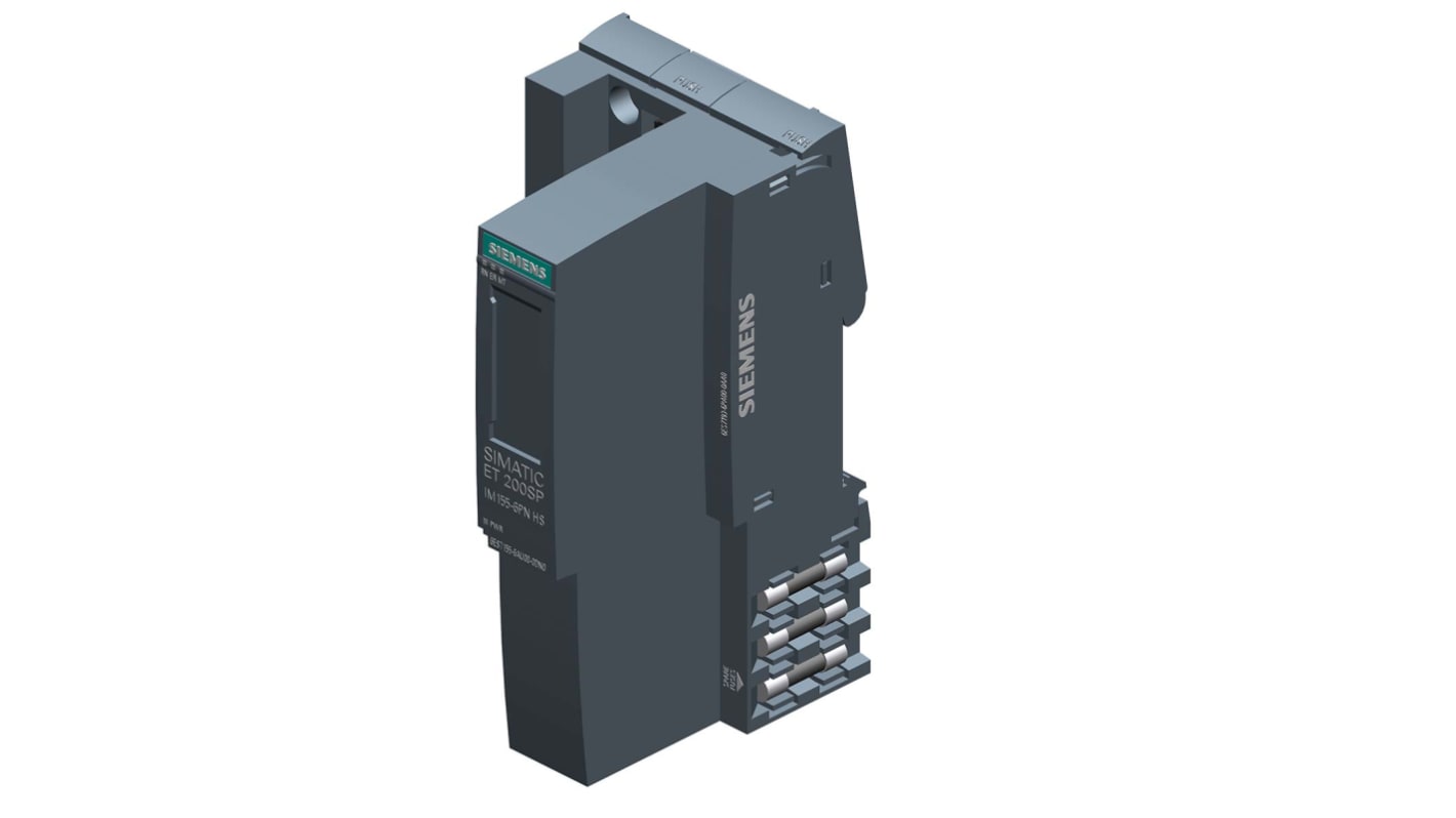 Modulo di interfaccia PROFINET Siemens 6ES7155-6AU00-0DN0, 30 I/O, 24 V, dimensioni 117 x 50 x 74 mm.