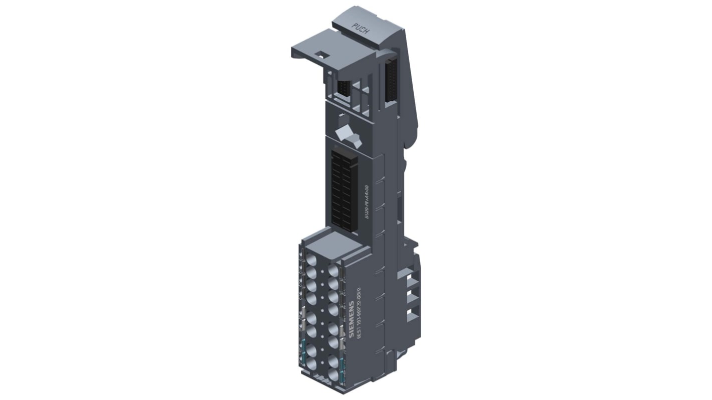 Base Siemens ET 200SP (6ES7193-6BP20-0BF0) con terminali a innesto, dimensioni compatte e peso 48g. Ideale per applicazioni industriali!