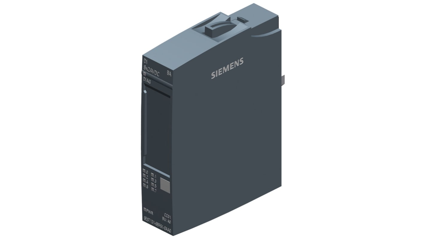 Modulo I/O digitale Siemens 6ES7131-6BF61-0AA0, 8 ingressi, 24V DC, installazione orizzontale, dimensioni 73 x 15 x 58 mm.