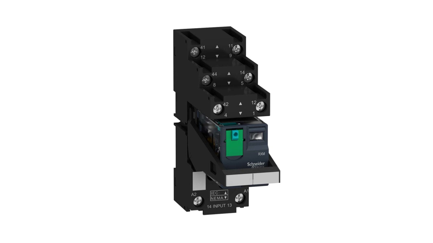 Relè d'interfaccia Harmony RXM Schneider Electric RXM2AB2BDPVS, bobina 24V cc, DPDT, temperatura -40 °C/+85 °C, IP20, pulsante di verifica.