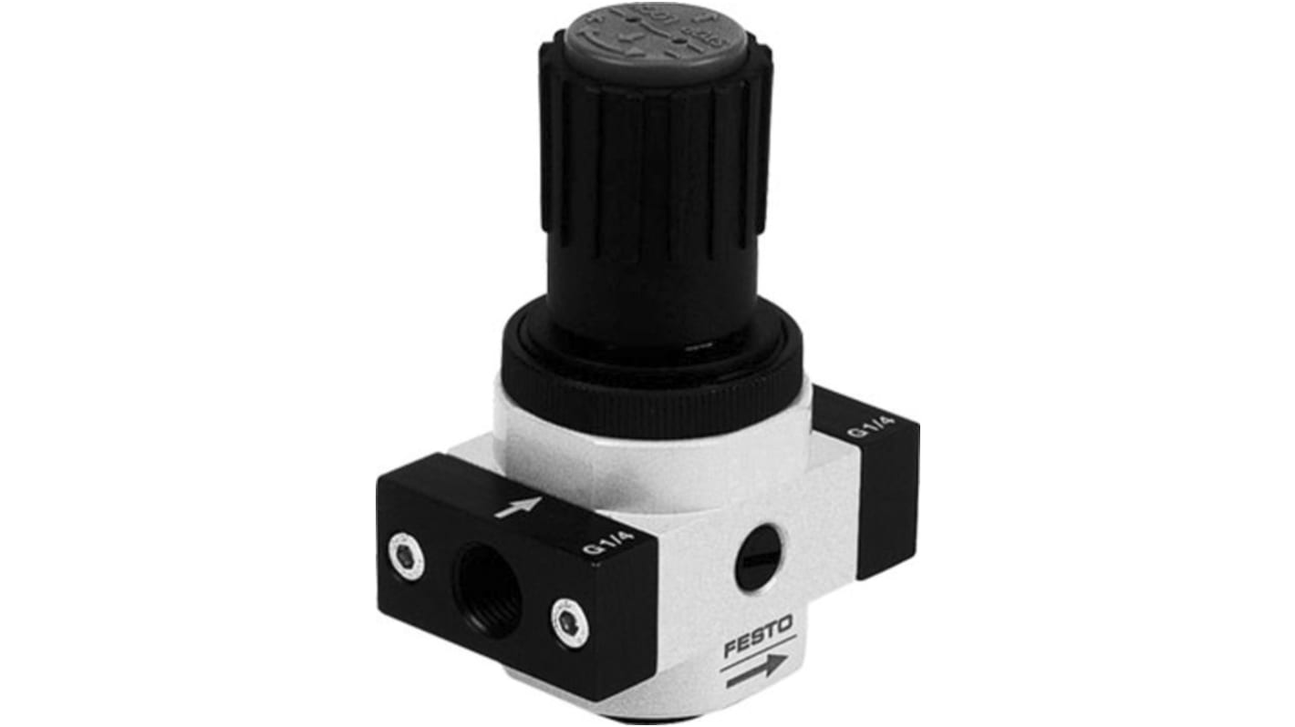 Regolatore pneumatico Festo LR-1/4-D-7-O-MINI, attacco G 1/4, pressione in uscita 0.5-7bar, montaggio frontale.
