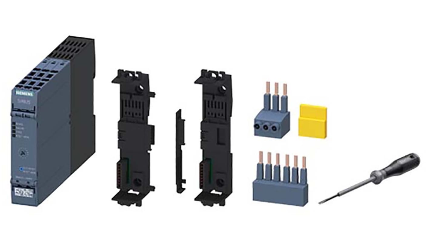 Starter motore avanzato Siemens 3RA9012-3RM01, 3 kW, con relè di sicurezza e barra di distribuzione trifase.