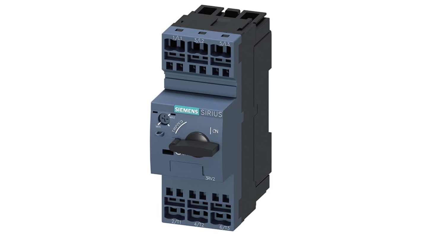 Interruttore automatico motore Siemens 3RV2021-1HA20-0BA0, corrente nominale 5,5-8 A, montaggio su guida 35 mm.