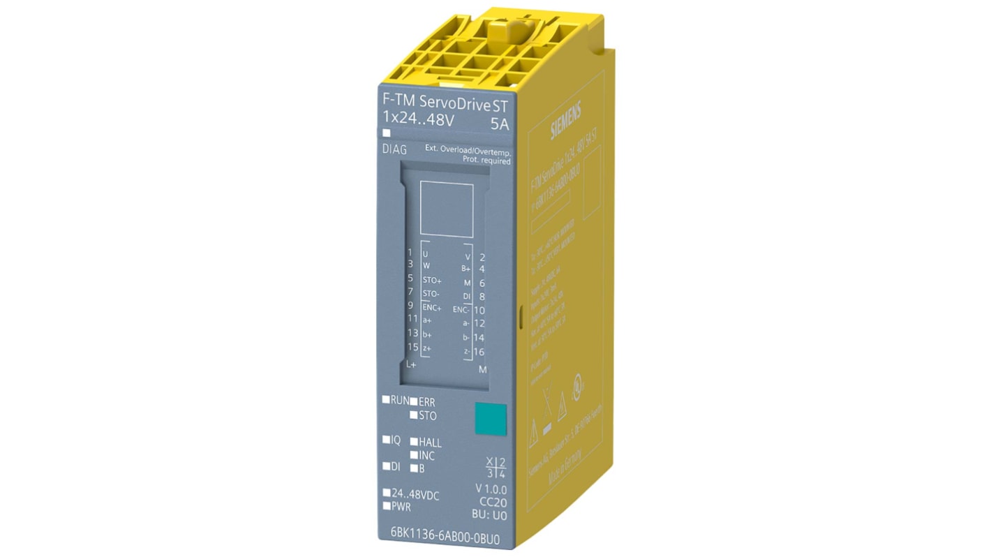 Unità di controllo Siemens 6BK1136-6AB00-0BU0 per servoazionamenti, 24-48 V, 10 A, dimensioni 20x73x58 mm, classe IP20.