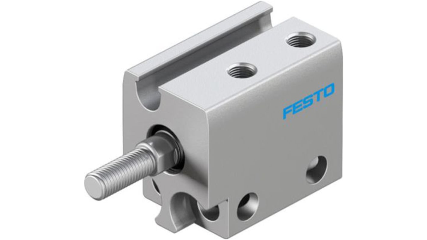 Cilindro pneumatico Festo ADN-S-6-5-A, doppio effetto, foro 6mm, corsa 5mm, montabile in diverse posizioni.