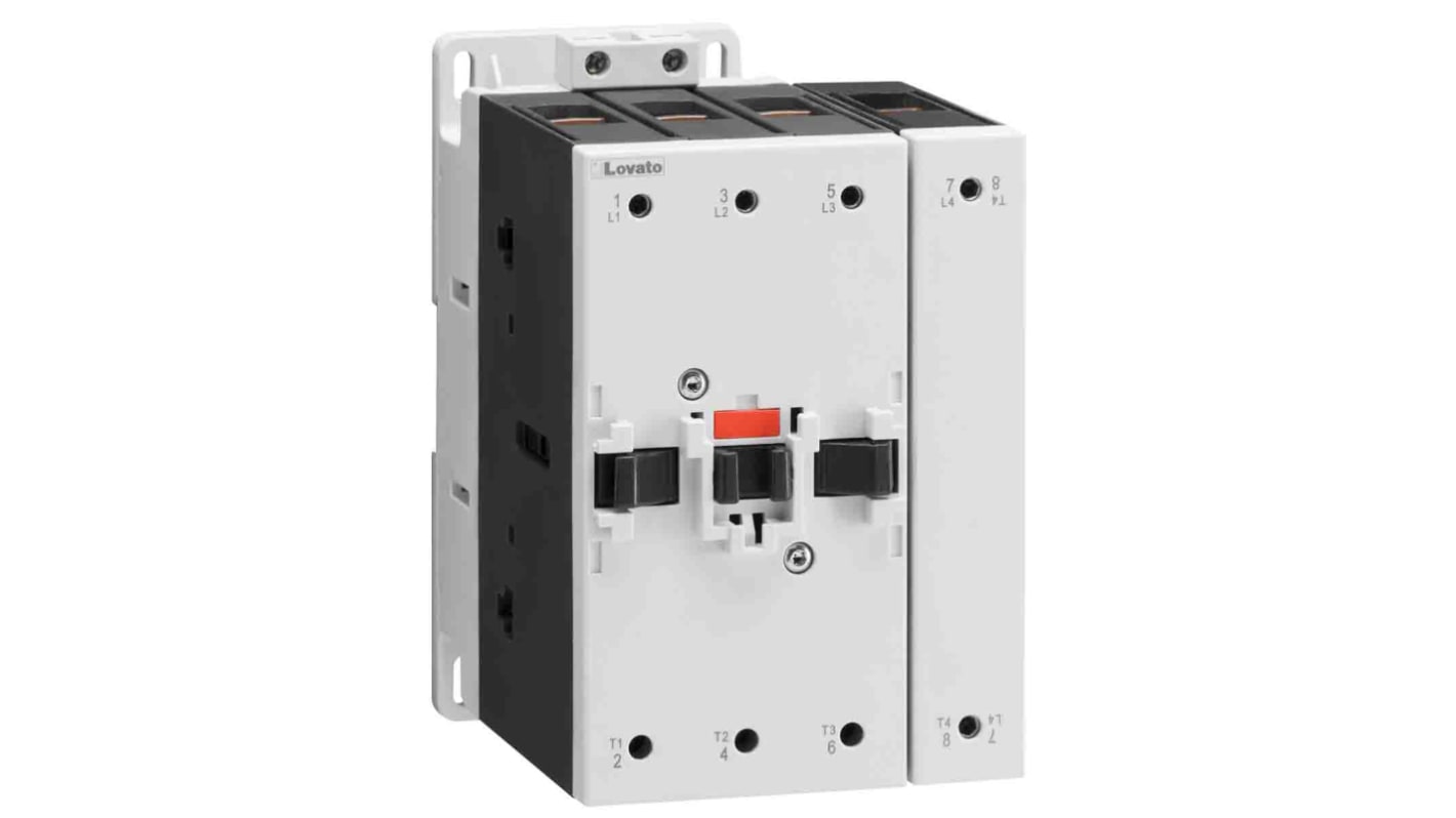 Contattore Lovato BF95T4A400, 4 poli, 140 A, 55 kW, tensione bobina 400 V, peso 2867 g, certificato CCC e cULus.