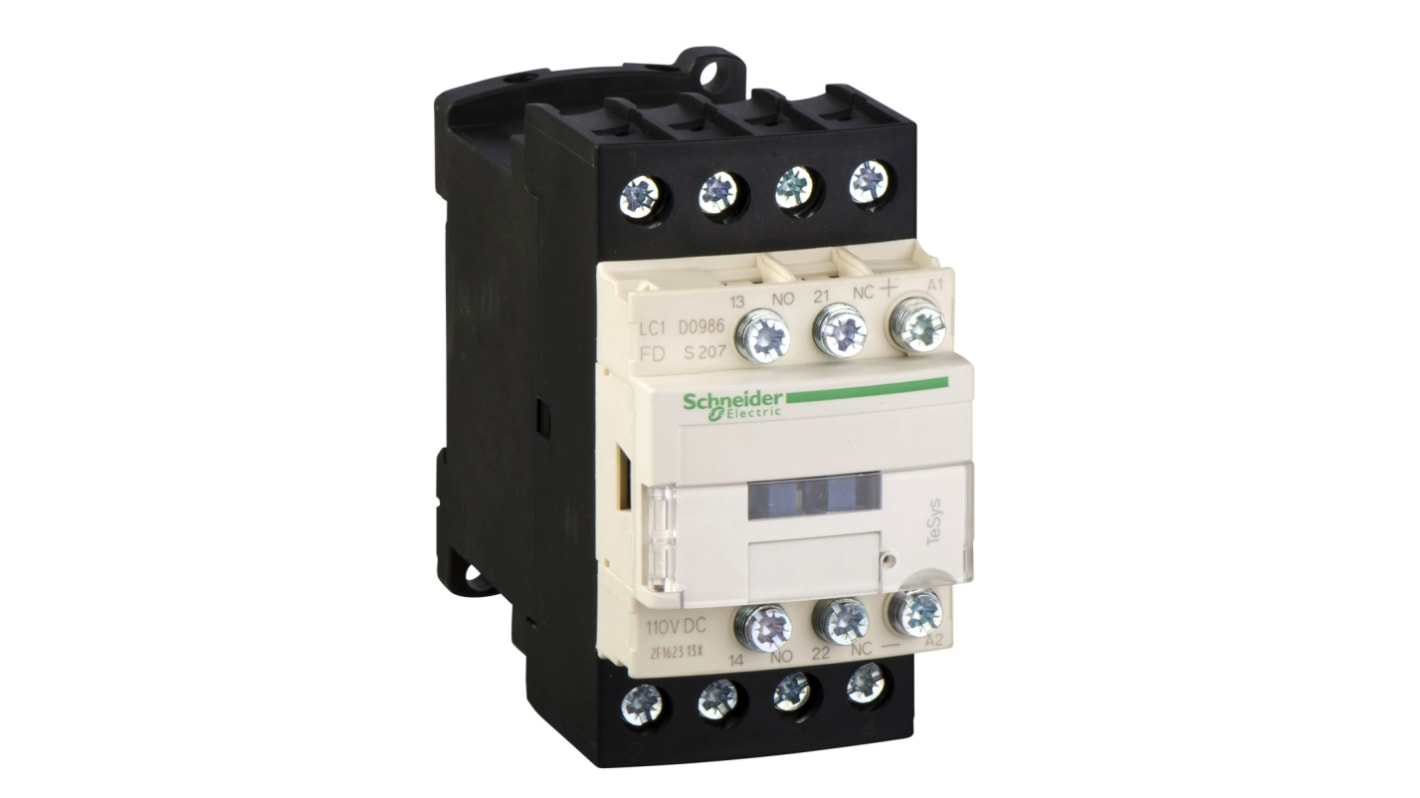 Contattore Schneider Electric LC1D0986FDS207, 4 poli, 2 NO + 2 NC, 20 A, 110 V c.c., montaggio su guida, certificazione IP20.