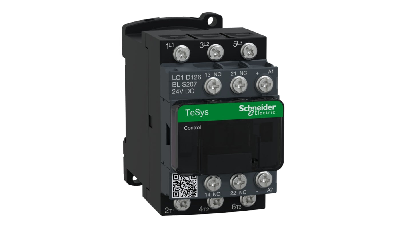 Contattore trifase Schneider Electric LC1D126BLS207, 3 poli, 12 A, 24 V c.c., montaggio su guida, certificazione IP20.