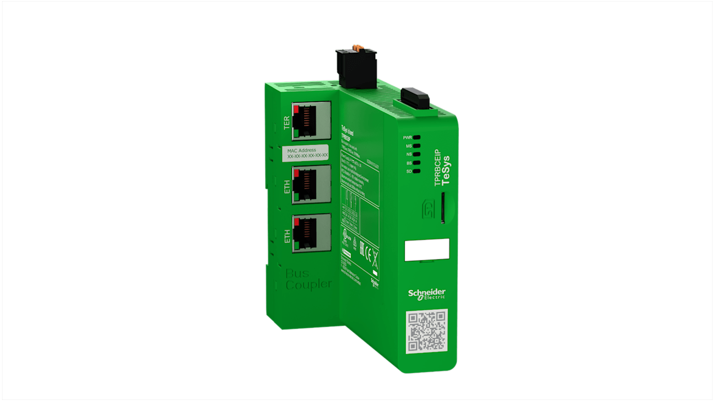 Accoppiatore bus Schneider Electric TPRBCEIP, 24 V c.c., montaggio su guida DIN, dimensioni 50 x 118 x 114 mm.