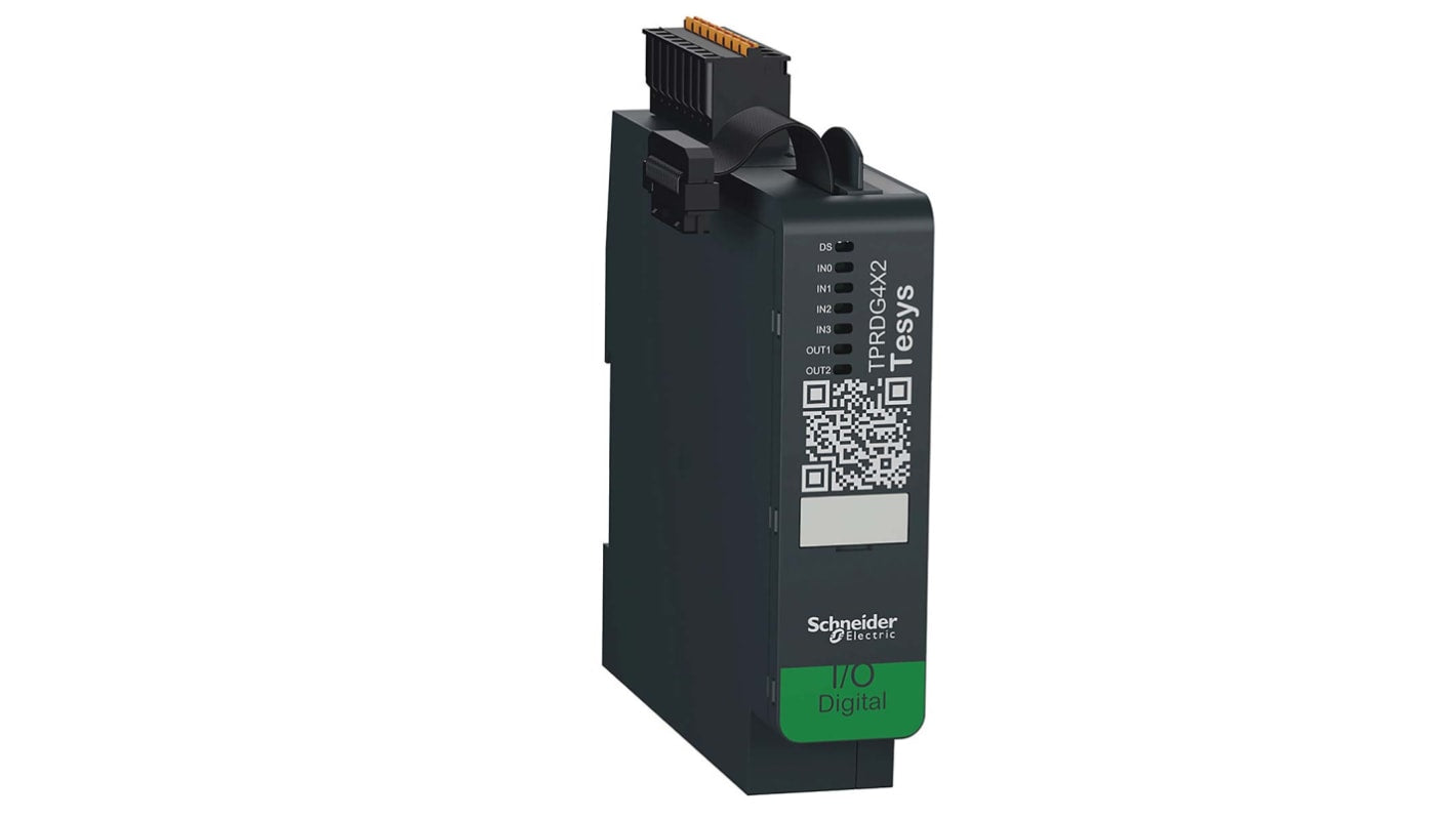 Modulo I/O digitale Schneider Electric TPRDG4X2 per guida DIN, 4 ingressi e 2 uscite, 24 V c.c., dimensioni 25 x 118 x 114 mm.