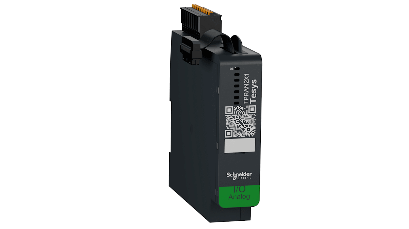 Modulo I/O analogico Schneider Electric TPRAN2X1 per TeSys Island, 24 V c.c., 2 ingressi e 1 uscita isolati, montaggio su guida DIN. Dimensioni 25 x 118 x 114 mm.
