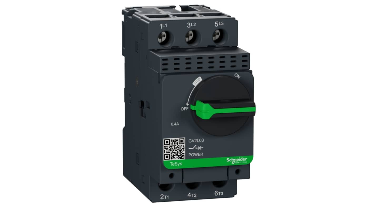 Interruttore automatico del motore Schneider Electric GV2L03, 0,4 A, montaggio su guida DIN, dimensioni 89x45x97 mm.