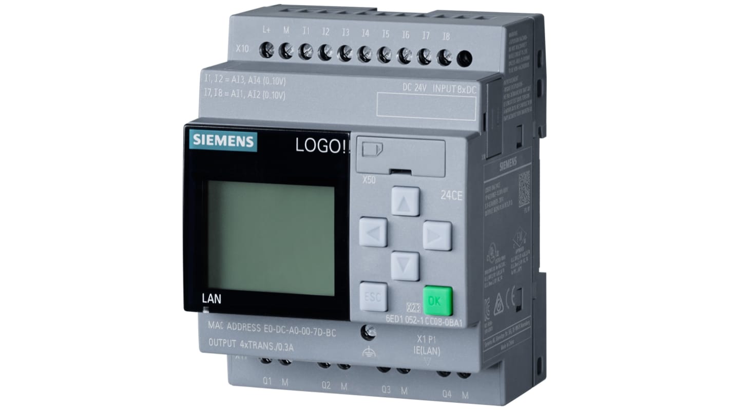 Siemens 6ED1052-1CC08-0BA1, CPU PLC LOGO! con 8 ingressi digitali, montaggio su guida DIN, dimensioni 90 x 71,5 x 60 mm.