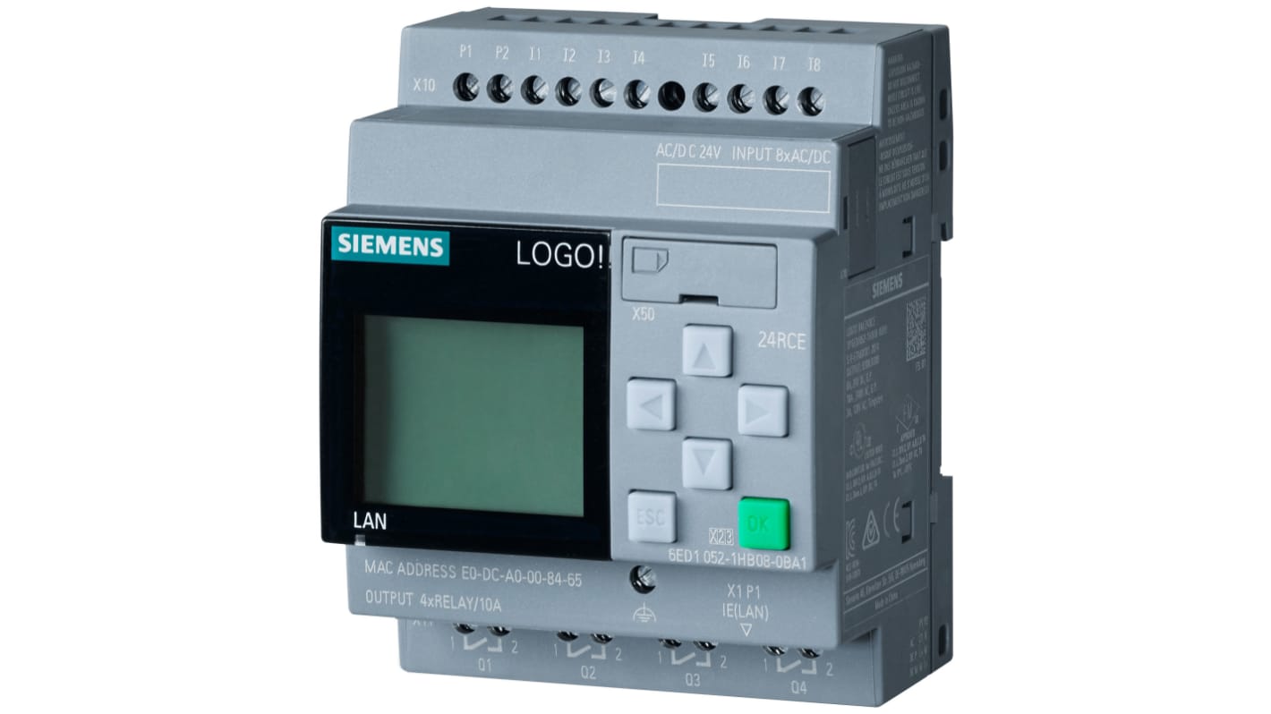 CPU PLC Siemens LOGO! 6ED1052-1HB08-0BA1 con 8 ingressi e 4 uscite per automazione industriale. Facile programmazione e design modulare.