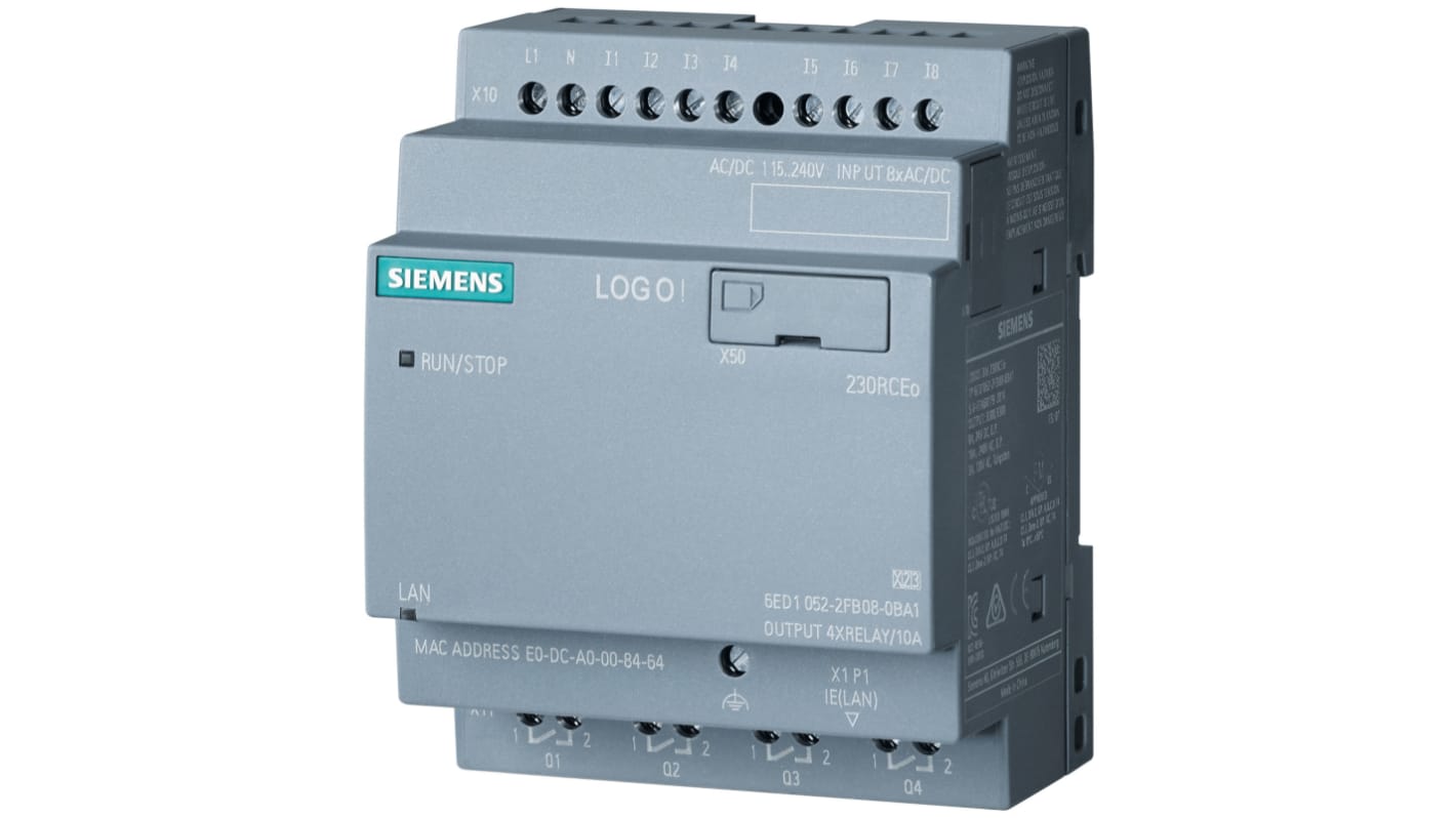 CPU PLC Siemens 6ED1052-2FB08-0BA1, 8 ingressi digitali, 4 uscite relè, montaggio su guida DIN, dimensioni 90 x 71,5 x 60 mm.