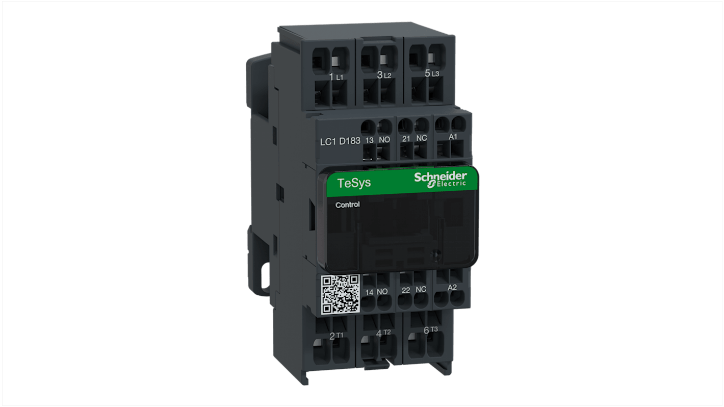 Contattore reversibile Schneider Electric LC1D183E7, 3 poli, 18 A, 48 V c.a., grado di protezione IP20, per applicazioni industriali.