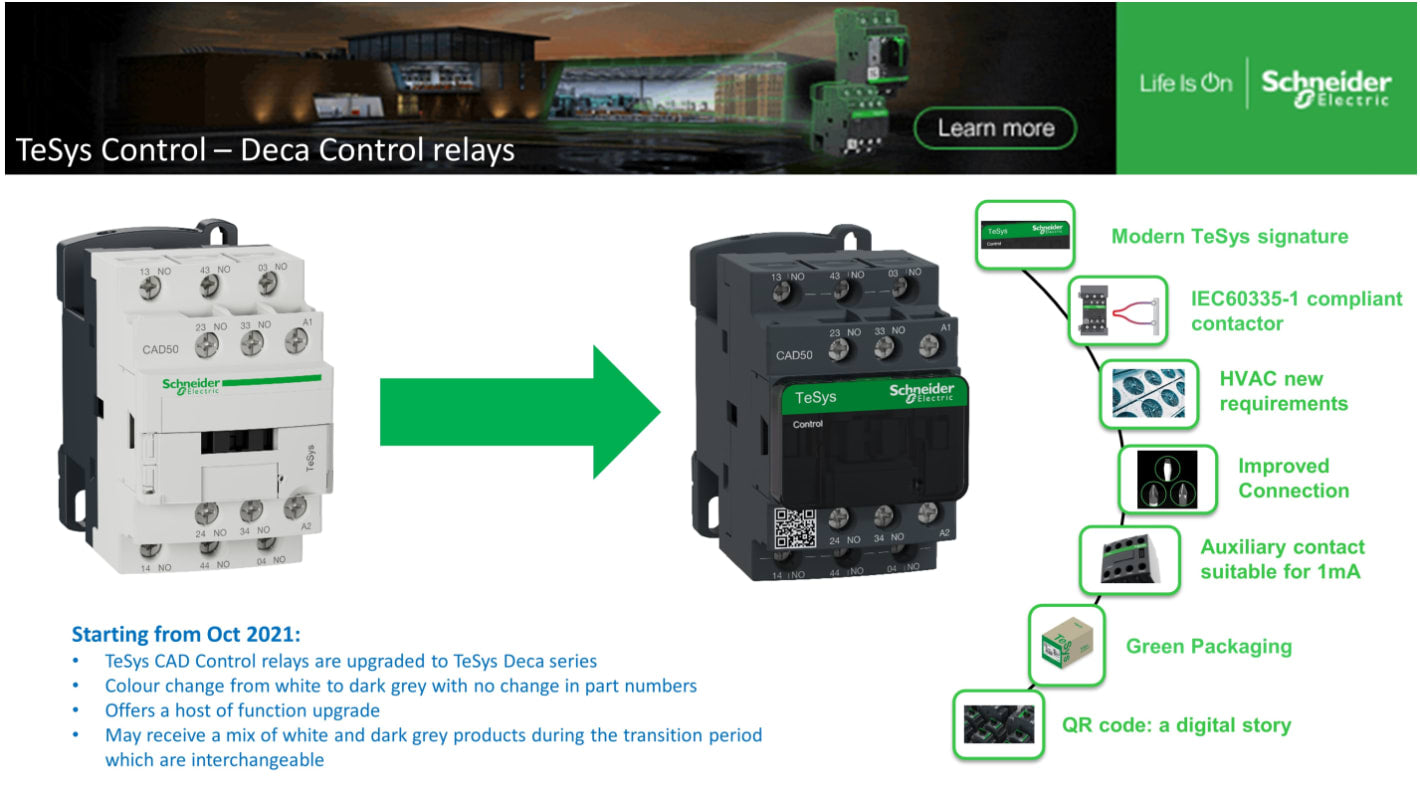 Relè di controllo Schneider Electric CAD326F7, 3NO + 2NC, tensione 110 Vdc, per automazione e controllo motore.