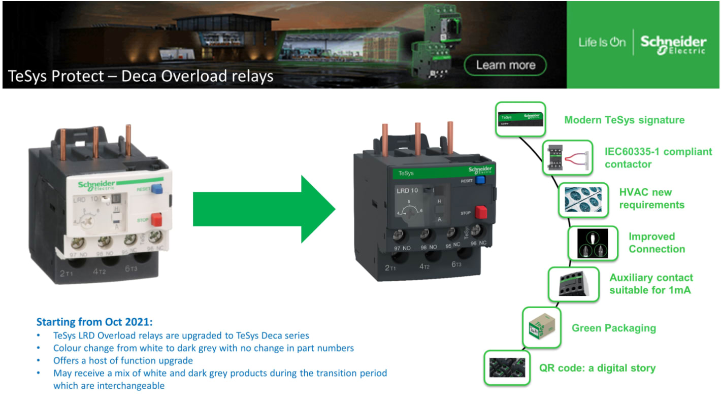 Relè di sovraccarico termico Schneider Electric LR3D21, 18 A, 690 Vac, per controllo e avviamento motori.