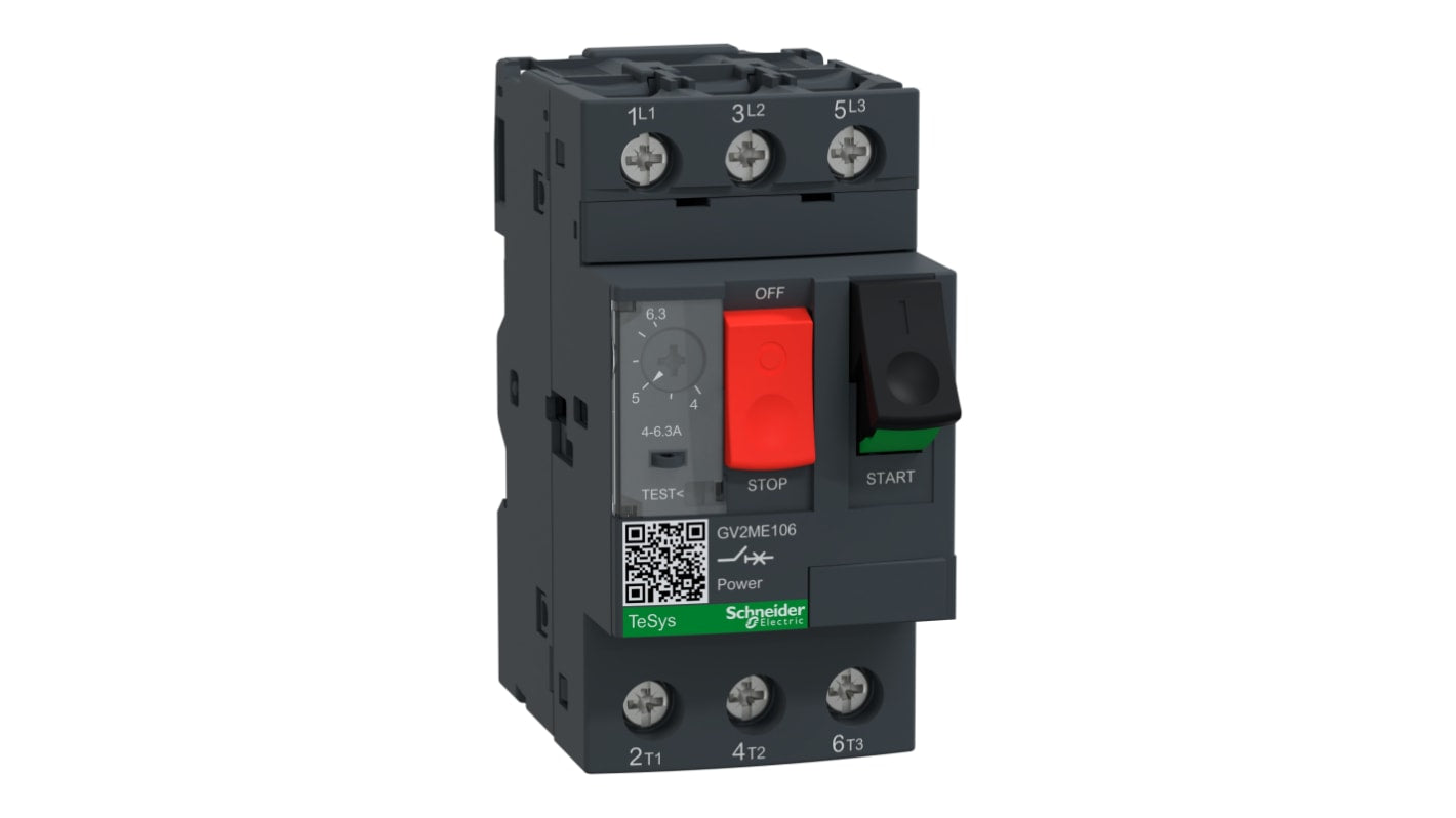 Interruttore automatico motore Schneider Electric GV2ME106, 3 poli, 4-6,3 A, protezione cortocircuito, dimensioni 89x44,5x78,2 mm.