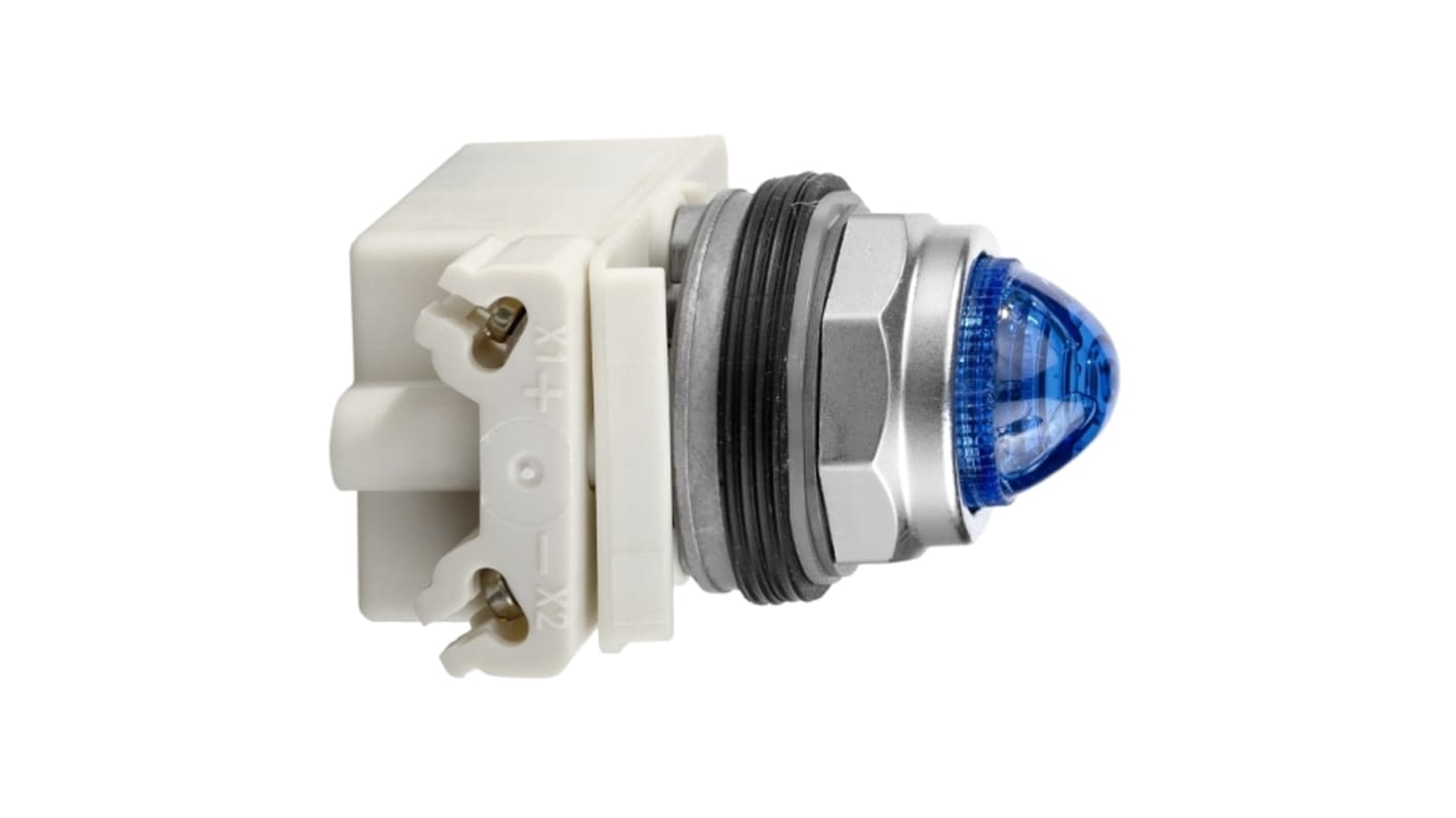 Luce pilota rotonda blu Schneider Electric, serie Harmony 9001K, 120V, 10A, IP66, foro 30mm, per applicazioni industriali.