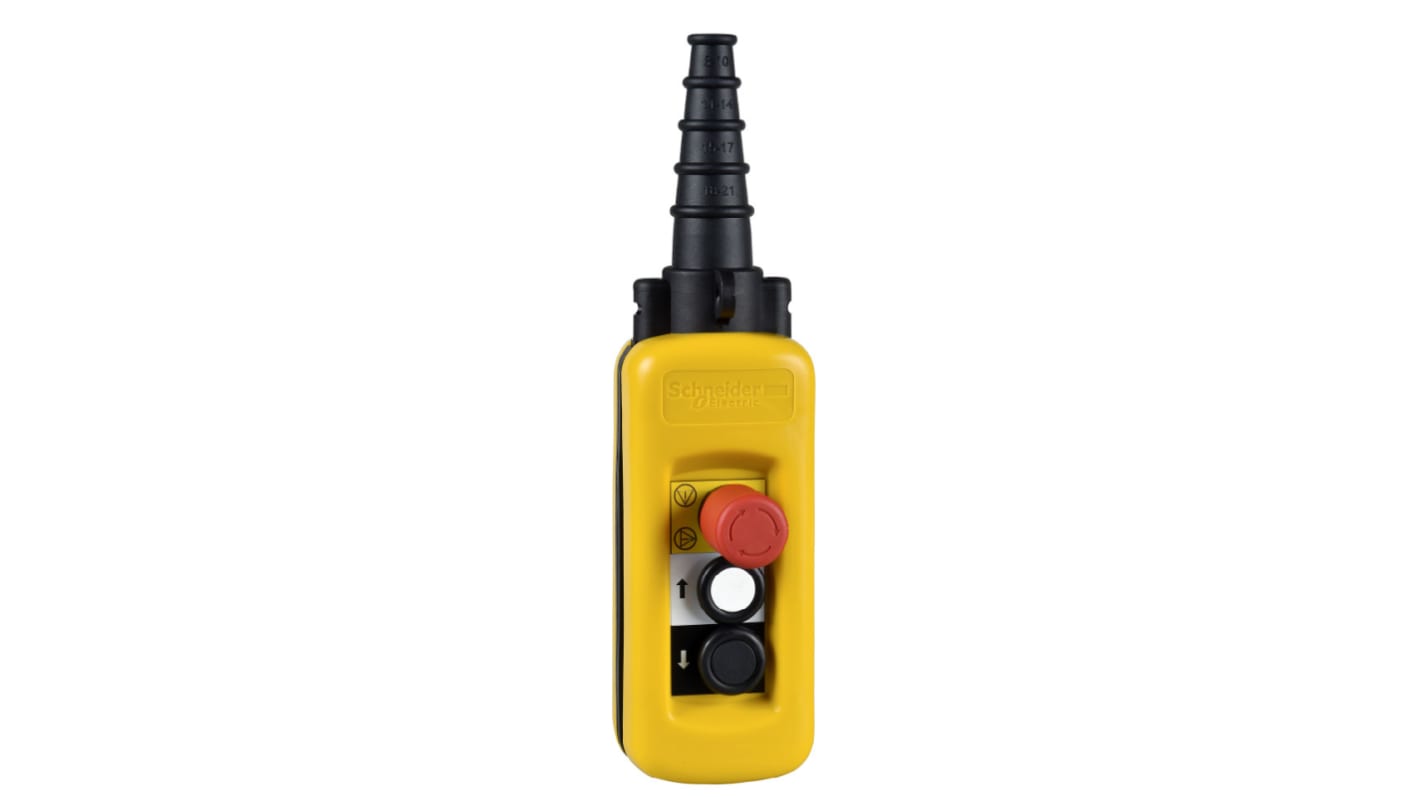 Stazione pensile a pulsante Schneider Electric XACA27131, con 2 pulsanti e arresto di emergenza, grado di protezione IP65.