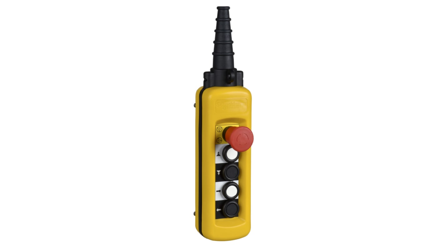 Stazione pensile a pulsante Schneider Electric XACA49141, 4 pulsanti, protezione IP65, corrente massima 10A, colore giallo.