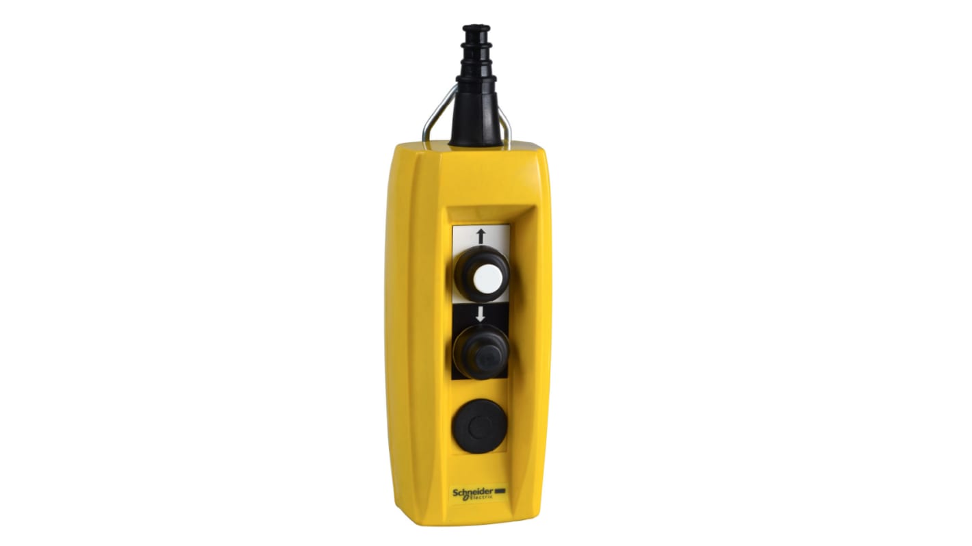 Stazione pensile a pulsante Schneider Electric XACB219, contenitore giallo, 2 pulsanti neri, grado di protezione IP65, 600V, 12A.
