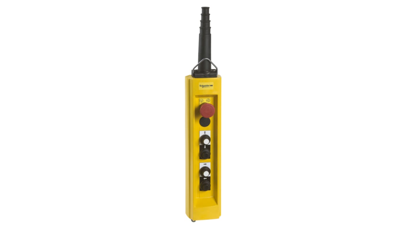Stazione pensile a pulsante Schneider Electric XACB4913, 4 pulsanti, arresto di emergenza, protezione IP65, colore giallo.