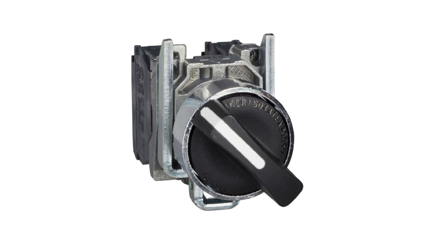 Selettore a 3 posizioni Schneider Electric XB4BD53EX in metallo cromato, grado di protezione IP65, corrente massima 3A.