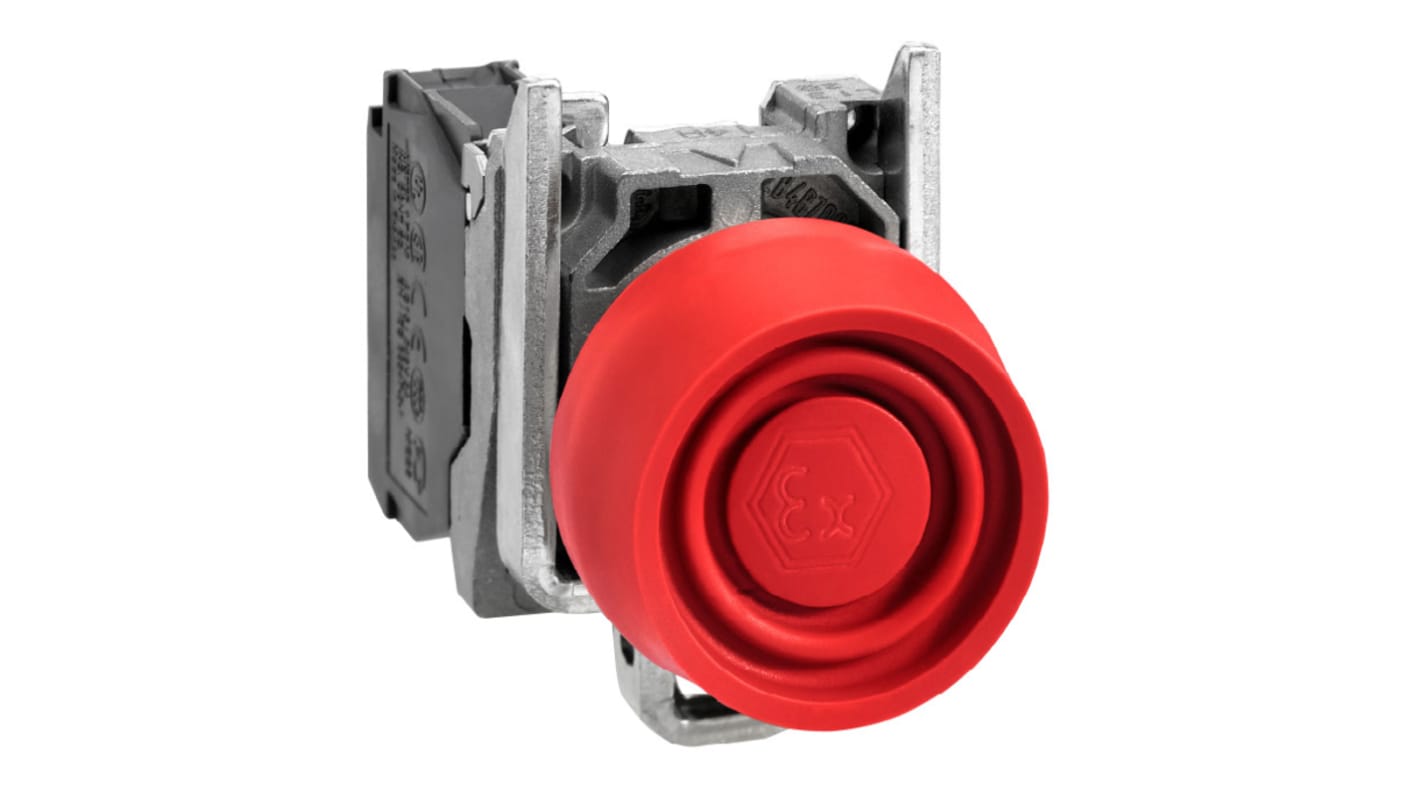 Pulsante rotondo Schneider Electric XB4BPS42EX, diametro 22 mm, SPST-NC, illuminato, metallo cromato, certificato ATEX.