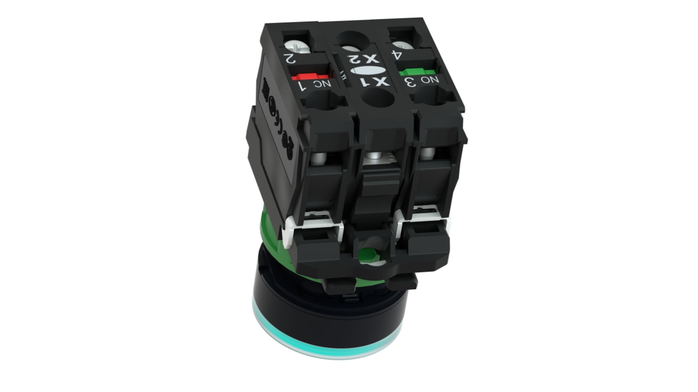 Pulsante rotondo illuminato verde Schneider Electric XB5AW3365, diametro 22 mm, contatto SPDT, protezione contro contatti accidentali.