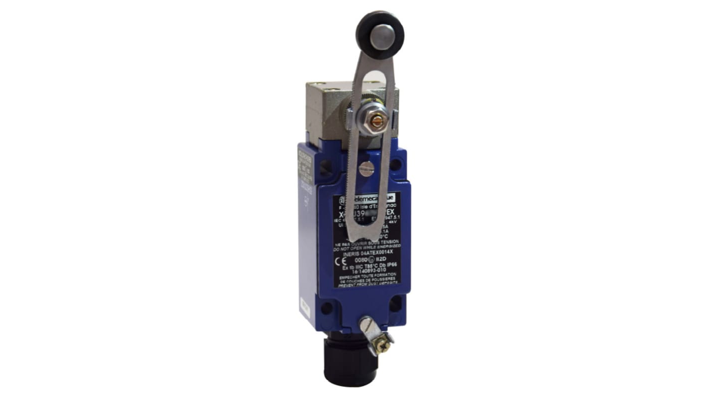 Interruttore di fine corsa Telemecanique Sensors XCKJ390541H29EX con leva a rotella, 2NC/1NA, IP66, 240V, 6A.