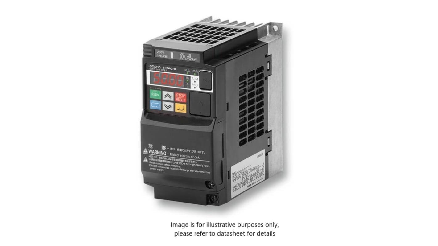Inverter trifase Omron 3G3MX2-A2015-E, potenza 1,5 kW, tensione 200 V, corrente 8 A, grado di protezione IP20.