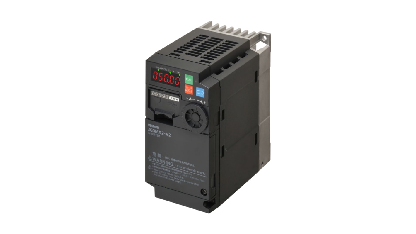 Inverter Omron 3G3MX2-A2002-EV2, 0,2 kW, 200 V, 3 fasi, corrente 1,6 A, frequenza 580 Hz, grado di protezione IP20.