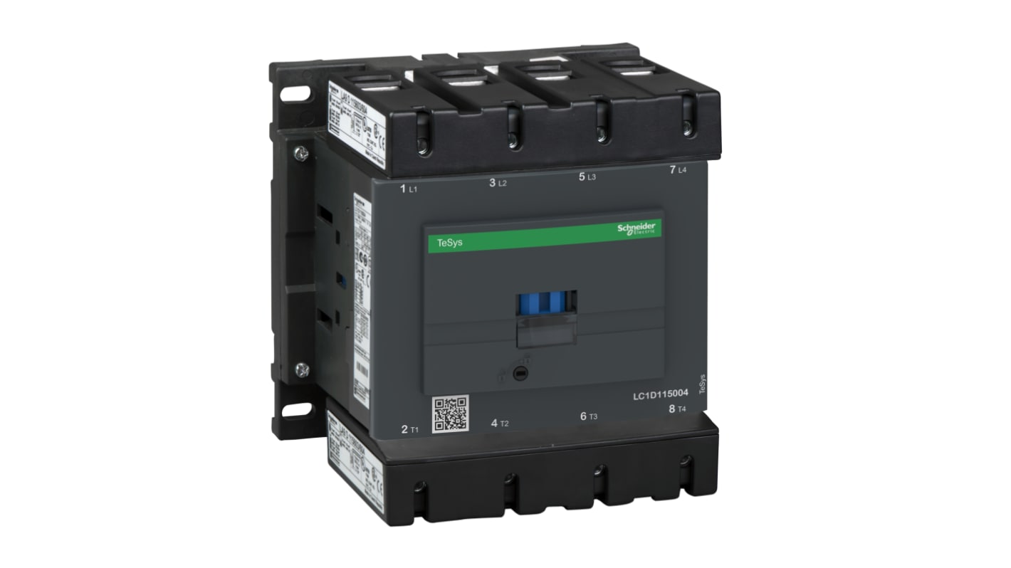 Contattore Schneider Electric LC1D115004P7, 4 poli, 200 A, montaggio su guida DIN, dimensioni 150 mm, tensione bobina 230 V.