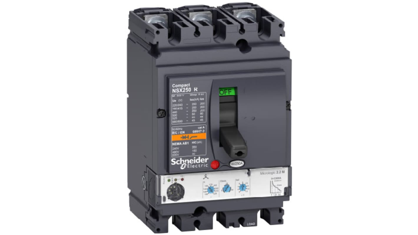 Interruttore automatico MCCB fisso Schneider Electric, 3 poli, 160A, montaggio compatto, capacità di interruzione 200kA a 415VAC.