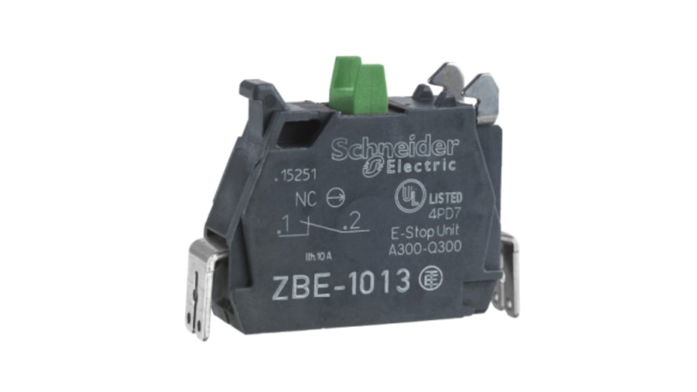 Blocco contatti Schneider Electric ZBE1013, 1 NO con LED verde, compatibile con unità Harmony XB4 e XB5, facile installazione.