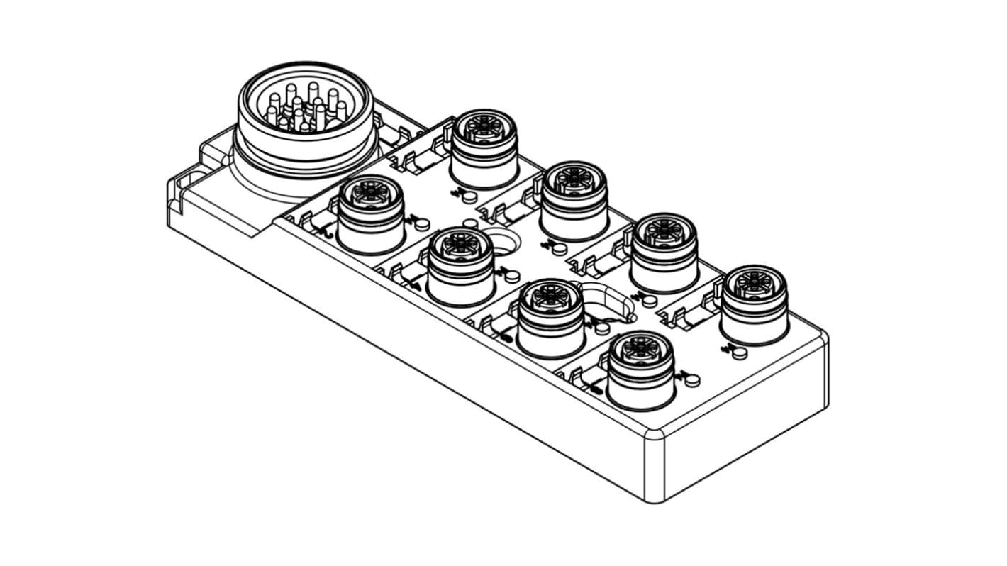 Scatola sensore M12 Brad from Molex 1202510073, 8 porte, IP67, tensione 10-30 V c.c., corrente 4 A per porta.