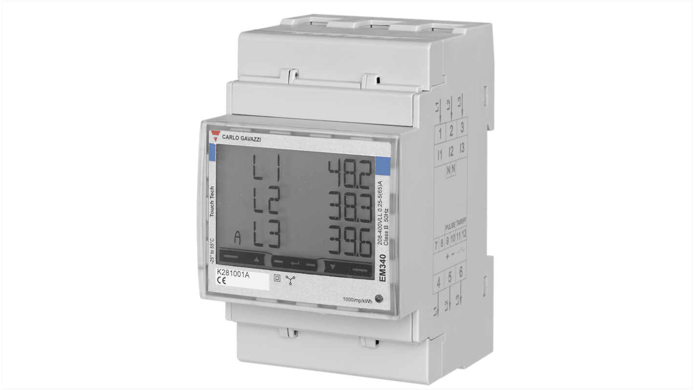 Contatore di energia trifase Carlo Gavazzi EM340DINAV23XO1X, display LCD 8 cifre, misurazione fino a 65 A, IP51, dimensioni 91x54 mm.