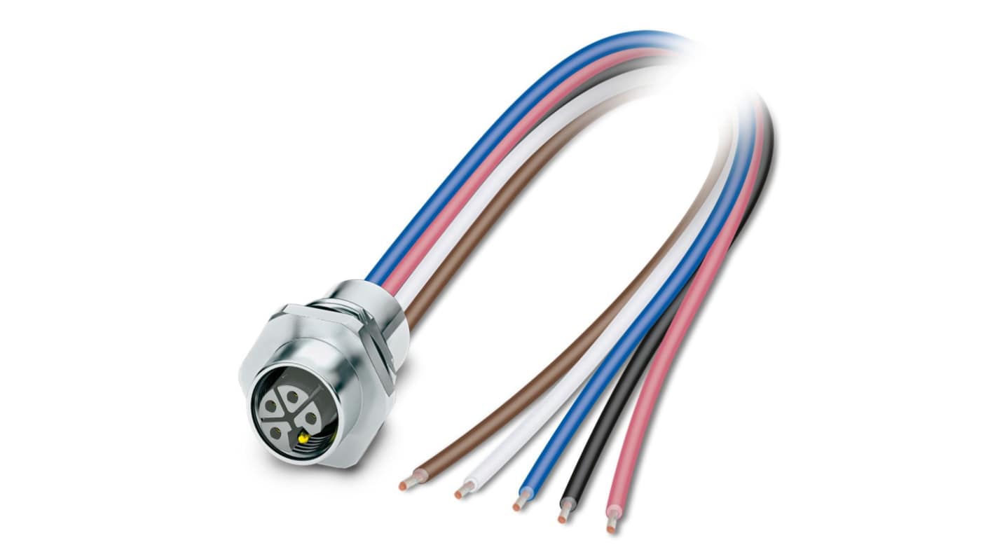 Connettore di potenza femmina Phoenix Contact 5 poli, montaggio posteriore, IP67, corrente 12A, tensione 63 V, lunghezza cavo 0,2 m.