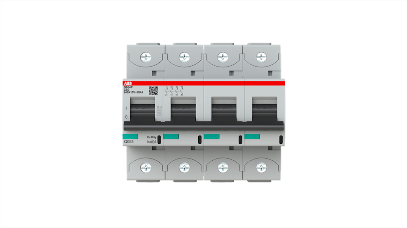 Interruttore magnetotermico ABB 4 poli, 80A, Tipo C, montaggio su guida DIN, grado di protezione IP20, certificato IEC60947-2.