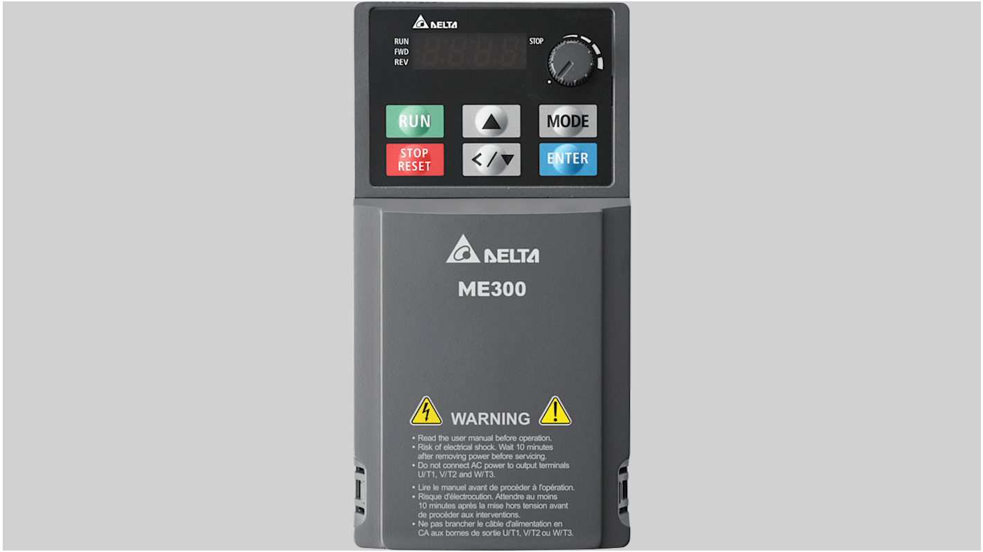 Inverter Delta Electronics VFD4A2ME43AFSAA, 1,5 kW, 460 V, 3 fasi, 0-599Hz. Design compatto con filtro EMI integrato per un'efficienza ottimale.