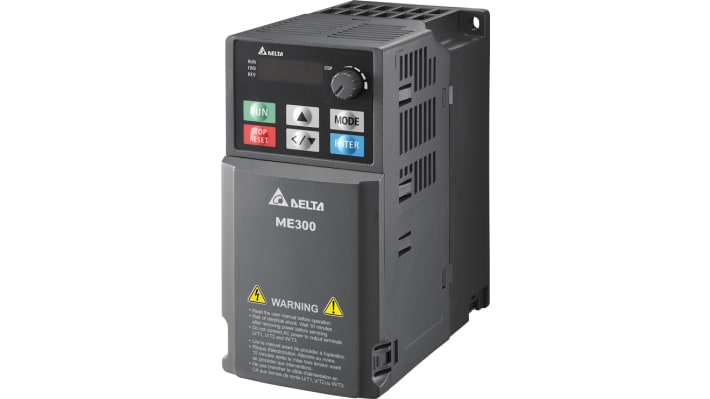 Inverter Delta Electronics VFD4A2ME43AFSAA, 1,5 kW, 460 V, 3 fasi, 0-599Hz. Design compatto con filtro EMI integrato per un'efficienza ottimale.