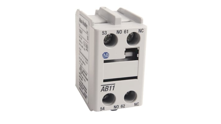 Contatto ausiliario Allen Bradley 100-FA11, 2 contatti DPST, montaggio anteriore, corrente nominale 10 A, temperatura -25/+60 °C.