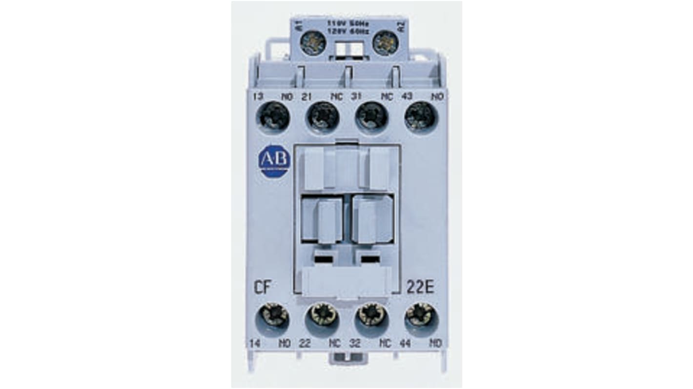 Contattore Allen Bradley 700-CF310KF, 4 poli, 3NO + 1NC, 10 A, bobina 230 V c.a., montaggio su guida DIN, dimensioni 81x45x80.5 mm.